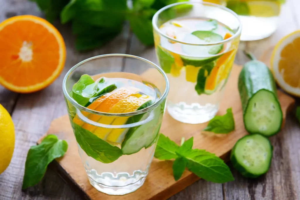 Two small, clear glasses on a table contain water infused with orange, lemon, cucumber, and fresh herbs. Infused water and other summer drinks like these are good for after a spa soak.